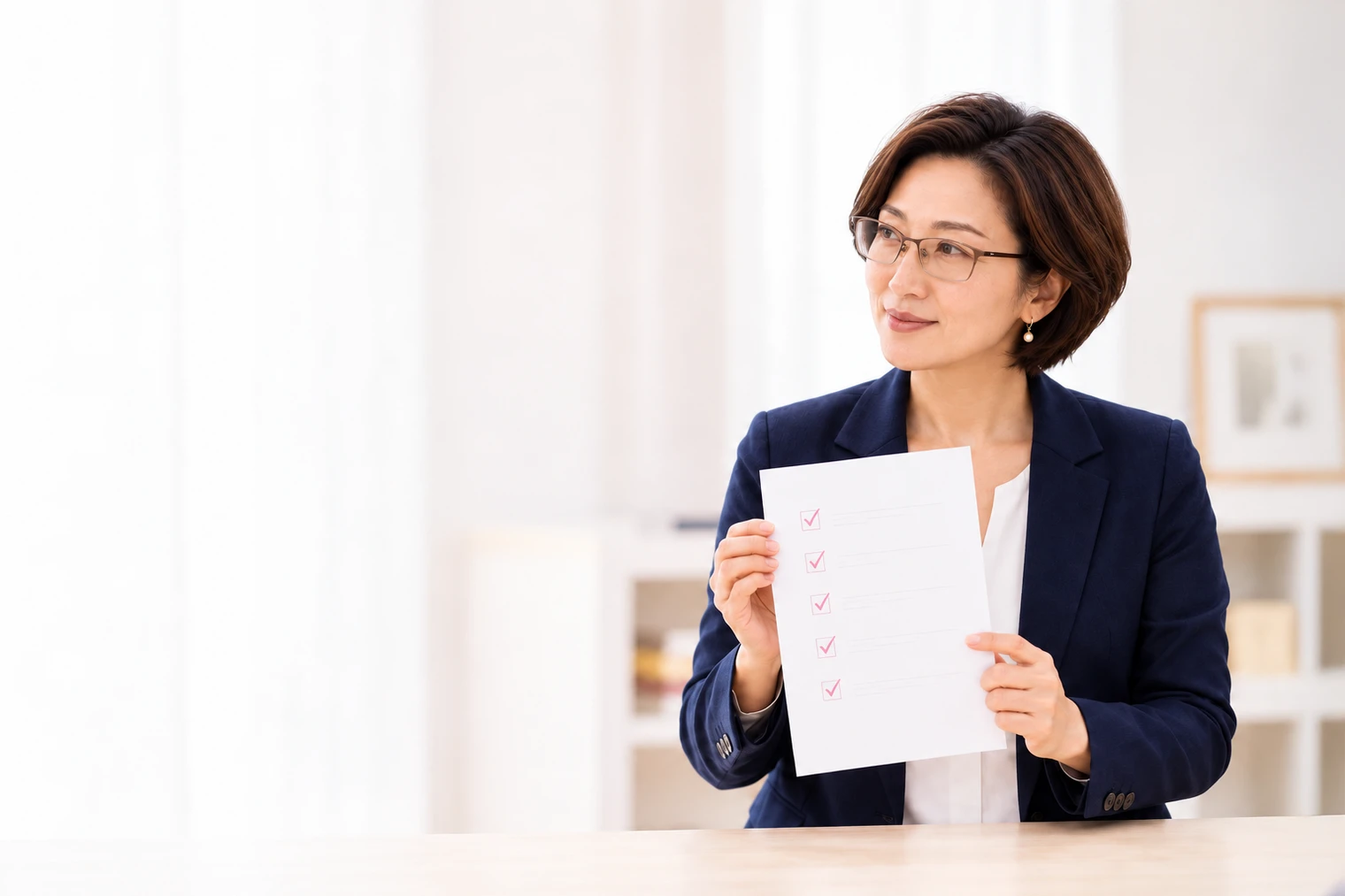 チェックリストを示しながら説明する女性相談員