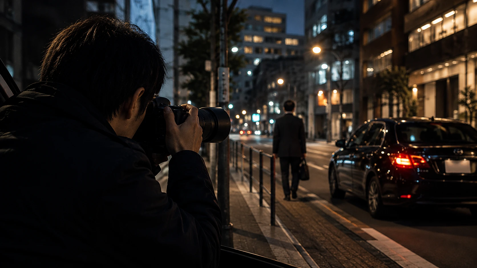 対象者を撮影する調査員と車