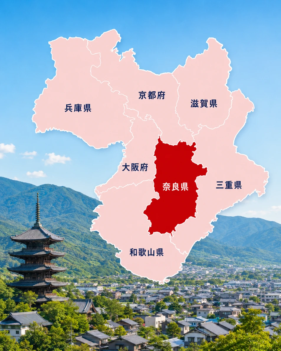 奈良の街並みと近畿エリアの地図